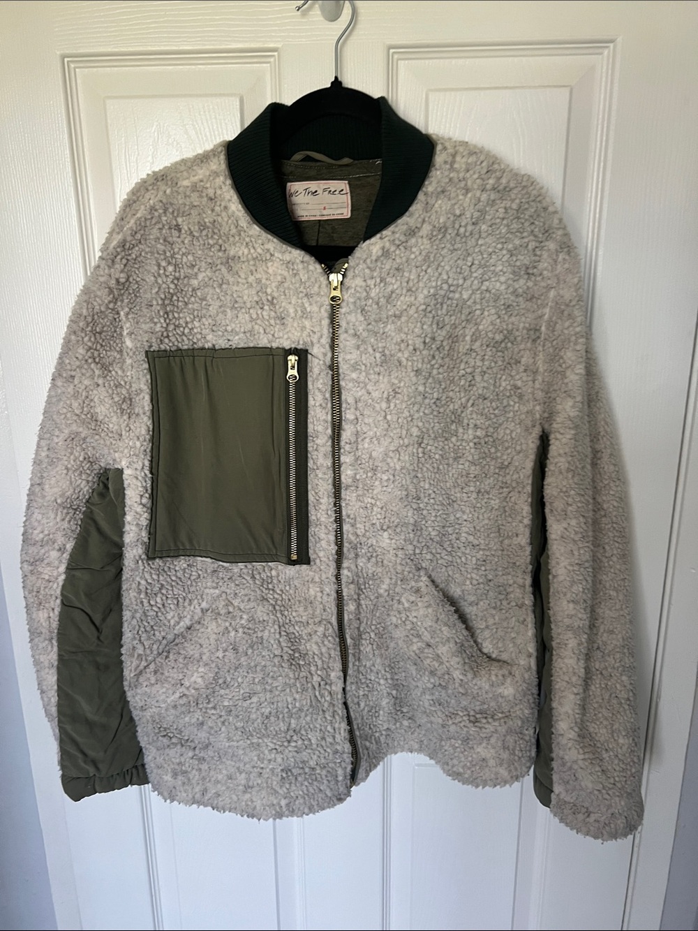 Free People Cream Sherpa Bomber Jacket with Olive Accents